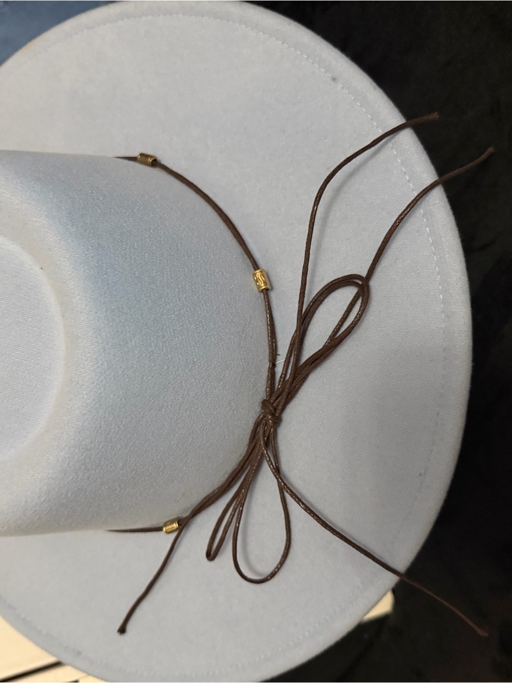 White Felt Wide Brim Hat with Brown Tie Detail